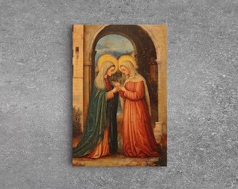 Visitation of Mary and Elizabeth Feast Day Scene Framed Canvas Print | Renaissance Christian Painting, Vintage Biblical Wall Art and Subtle