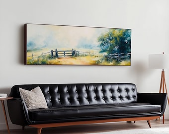 Farmhouse Landscape Canvas Art: Rustic Country Gate Painting