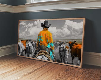 Western Cowboy Herding Canvas Print Rustic Wall Art Southwest Wall Art Black Cowgirl Painting Farmhouse Art Extra Wide Panoramic Art