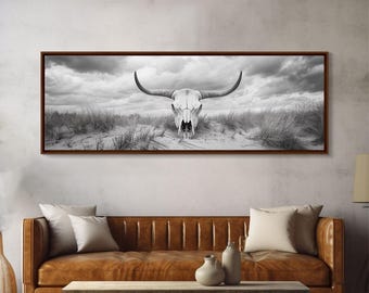 Longhorn Skull Framed Canvas Print: Rustic Western Wall Art