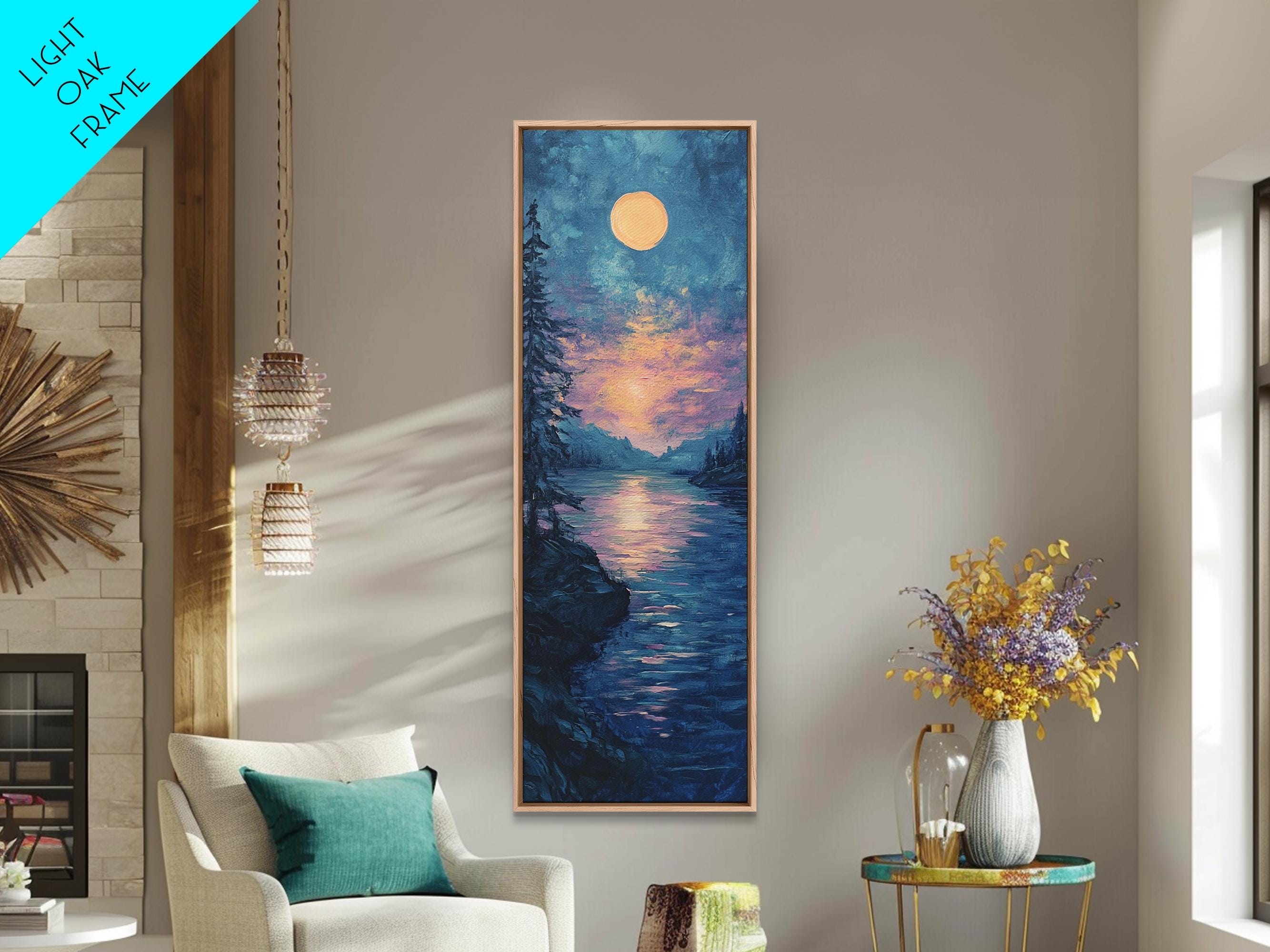 Moonlit Lake, moon oil painting, framed canvas print, landscape painting, lake Tahoe art, moody art, tall narrow art, rustic wall art