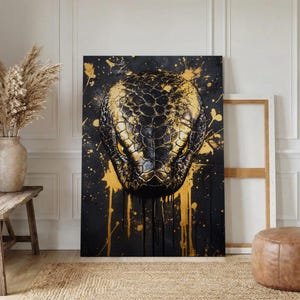 Python Snake Gold Canvas Print, Tribal Reptile Art, Bold Canvas Wall Decor, Real Wood Frame, Splatter Animal Artwork