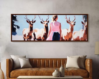 Elk Herd Framed Canvas Print: Rustic Mountain Landscape Art