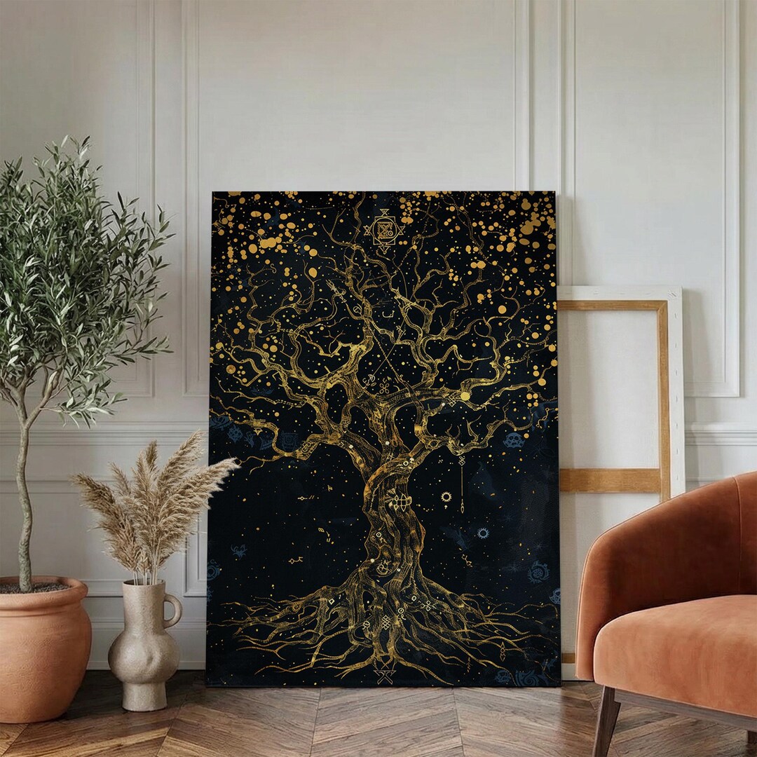 Mystical Tree of Life Gold Canvas Art, Celestial Symbolic Nature Canvas ...
