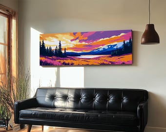 Impresión en lienzo de Forest Lake: Atardecer en la montaña alpina, arte mural rústico