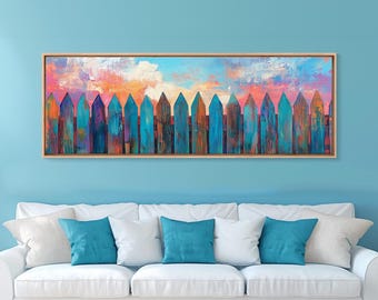 Colorful Fence Sunset Painting: Abstract Farmhouse Canvas Art