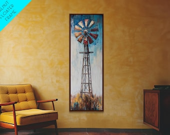 Impresión en lienzo de molino de viento enmarcado: arte de pared rústico de granja