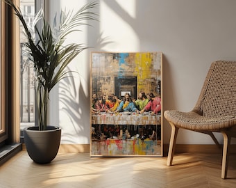 La Última Cena, arte pop moderno cristiano, lienzo enmarcado / Arte religioso de gran tamaño para la pared del comedor, decoración del hogar inspirada en la fe