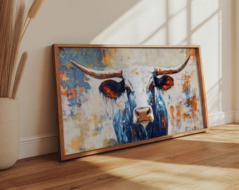 Longhorn Painting, Framed Canvas Print, Rustic Wall Art, Southwest Wall Art, Farmhouse Art, Extra Wide Art, Above Couch Art, Moody Art