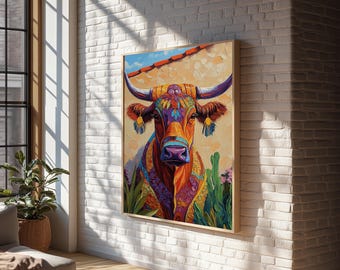Lienzo impreso de toro colorido: Arte chicano en mosaico, decoración del suroeste - Arte bohemio