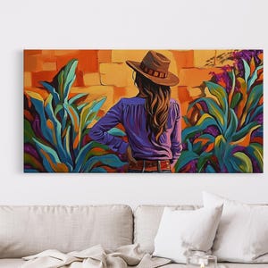 Cowgirl Desert, Vibes, Art, Framed Canvas Print, Western woman cactus wall art, rustic country home decor, southwestern living room