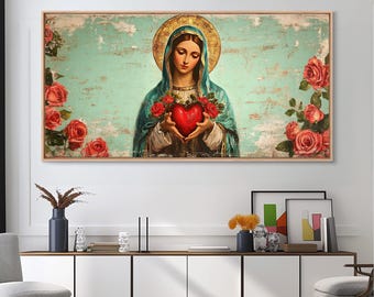 Immaculate Heart of Mary Surrounded by Roses Pop Art Framed Canvas Print - Bright Marian Christian Wall Art Large Devotional Scene Home Fai