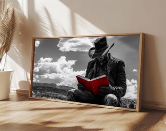 Cowboy Reading Red Book Canvas Print | Moody Art | Southwest Wall Art | Rustic Decor | Vintage Cowboy Painting | Extra Wide Art