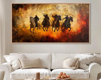 Los Cuatro Jinetes del Apocalipsis - Lienzo enmarcado de estilo romántico / Escena de la visión del Apocalipsis - Arte cristiano de gran tamaño para decoración de pared dramática