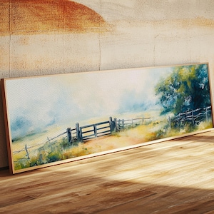 Country Gate Painting Rustic Farmhouse Landscape Art Tranquil Field Wall Decor Cozy Pastoral Artwork Entryway