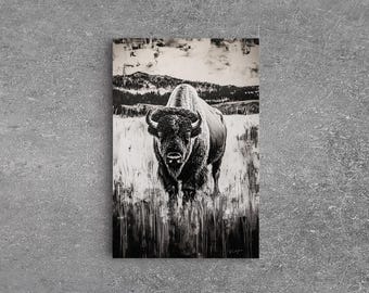 Lienzo impreso de bisonte en blanco y negro: Arte de pared rústico para casa de campo - Arte de pared bohemio
