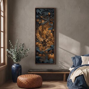 May include: A tall, rectangular framed wall art piece featuring a dark, intricate illustration of a forest scene filled with numerous orange pumpkins, gnarled blue-toned tree branches, and a central figure walking through the dense, shadowy landscape.
