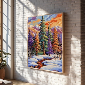 Winter Forest, Mountain, Trees, Canvas Print snowy forest painting, colorful winter landscape wall decor, cabin art, rustic seasonal print