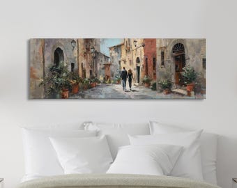 Arte panorámico con escena callejera europea romántica, impresión en lienzo enmarcada, arte de San Valentín, arte mural romántico, arte mural extra ancho, temática de amor