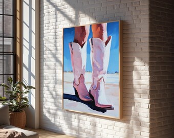 Botas vaqueras artísticas: Pintura abstracta rosa de moda, lienzo enmarcado - Arte bohemio