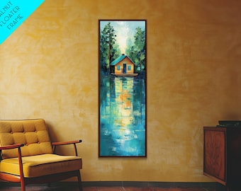 Framed Lake Cabin Canvas Print: Rustic Cottagecore Wall Art