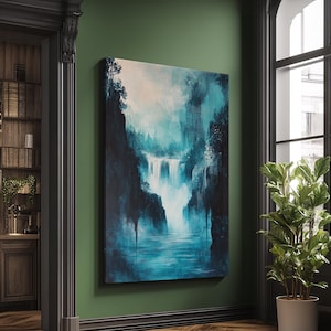 waterfall painting, landscape painting, framed canvas print, mountain painting, rustic wall art, blue and green wall art, gift idea