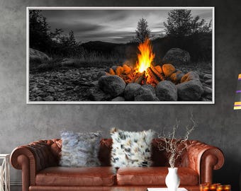 Campfire Art Framed Canvas Print: Moody Cabin Decor