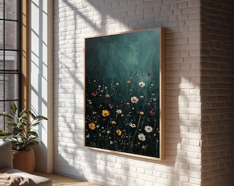 Wildflower Framed Canvas Print: Dark Green Rustic Farmhouse Wall Art