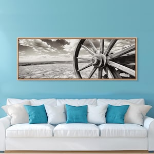 Weathered Wagon Wheel Framed Canvas Print: Rustic Farmhouse Wall Art