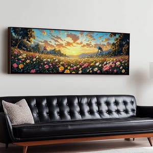 Sunrise Daisy Meadow With Tiny Robots Framed Canvas Print, Panoramic Floral Wall Art, Bright Farmhouse Living Room Decor