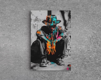 Lienzo estampado de vaquero colorido: Arte de grafiti moderno, decoración urbana del oeste - Arte de pared bohemio y adorable