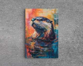 Whimsical Otter Portrait: Colorful Wildlife Painting, Rustic Wall Art Canvas Print