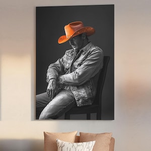 Cowboy portrait, rustic art, western style, framed canvas print, country decor, cowboy hat, moody photography, black and white wall art