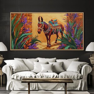 Fiesta Mule, Desert Horse, Rustic Charm, Framed Canvas Print, Western Wall Art, Entryway Decor, Colorful Southwest Painting