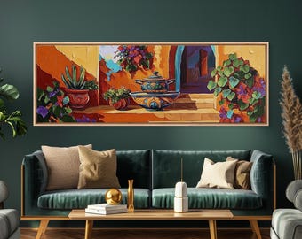Mexican Pottery Canvas Print: Rustic Courtyard, Boho Kitchen Wall Art