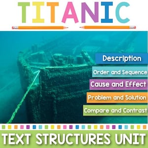 Puede incluir: Un gráfico que muestra el texto "TITANIC" en letras de colores con una imagen del naufragio del Titanic en el fondo. Debajo de la imagen hay cinco cuadros de texto con las siguientes estructuras de texto: Descripción, Orden y secuencia, Causa y efecto, Problema y solución, y Comparación y contraste. El texto "TEXT STRUCTURES UNIT" está en la parte inferior del gráfico.