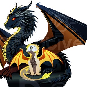 Puede incluir: Un dragón negro con detalles amarillos y un dragón amarillo más pequeño con detalles negros. El dragón más grande tiene las alas extendidas y el dragón más pequeño está sentado en su espalda.