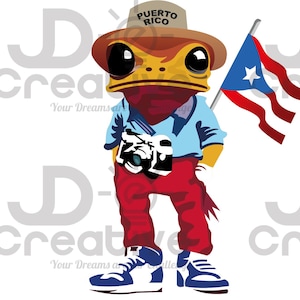 Puede incluir: Un personaje de rana de dibujos animados que lleva un sombrero con la inscripción "Puerto Rico", una bandana roja, una camisa azul claro, pantalones rojos y zapatillas deportivas azules y blancas. La rana sostiene una bandera de Puerto Rico y una cámara.
