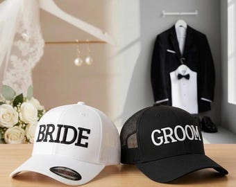 Custom 3D Puff Embroidery Bride or Groom Flexfit Hat – Wedding Keepsake