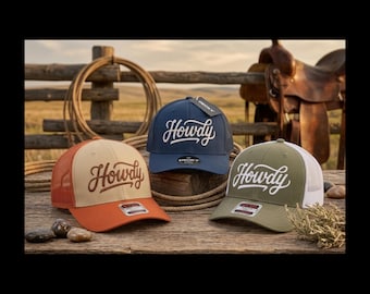 Howdy Embroidered Western Trucker Hat - Retro Mesh Back Snapback - Custom Script Cap