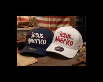 Loves Jesus and America, 3D Puff Embroidered trucker sanpback hat, Faith Christian Apparel