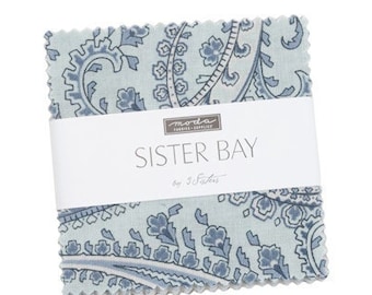 SISTER BAY 4 MINI Charm packs Moda fabric 3 Sisters paisley farmhouse floral calico quilting sewing blue quilt shabby 2.5" squares 44270MC