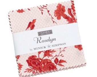 ROSELYN 4 MINI charm packs Moda Fabric Quilting sewing Roses Moda fabric Minick Simpson red white pink country farmhouse calico 14910MC