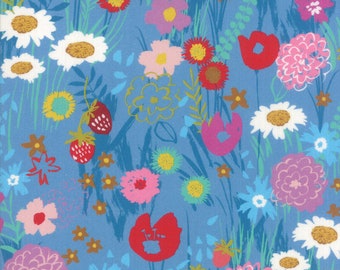 GROWING BEAUTIFUL 3 yds Moda Fabric Crystal Manning shabby quilting sew cottage garden Blue wildflowers daisy pink 11830-12 rare oop