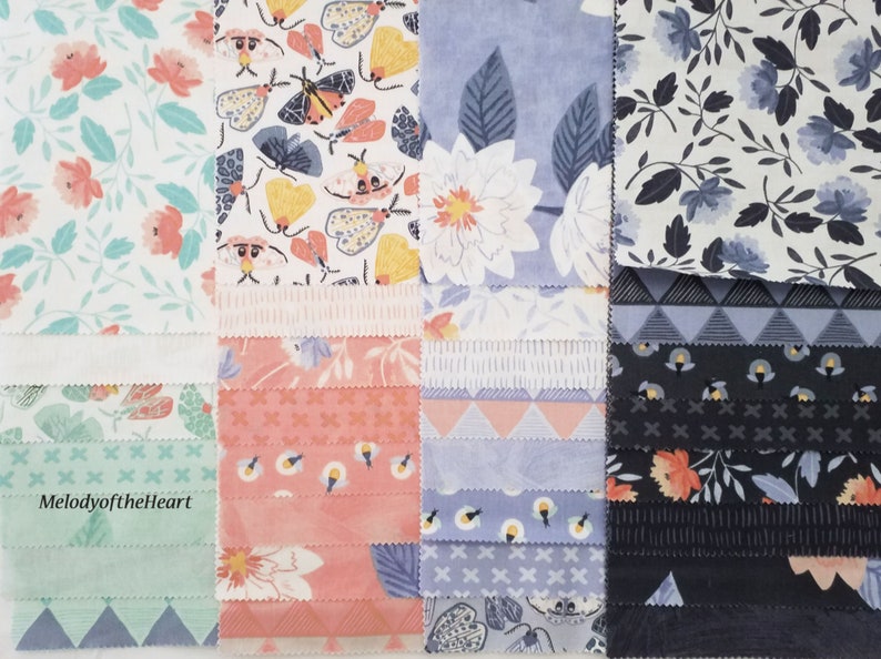 Blush Navy Moda fabric TWILIGHT 31 piece Sample Set shabby quilting fabric sew applique scrappy One Canoe Two nature fireflies moth floral