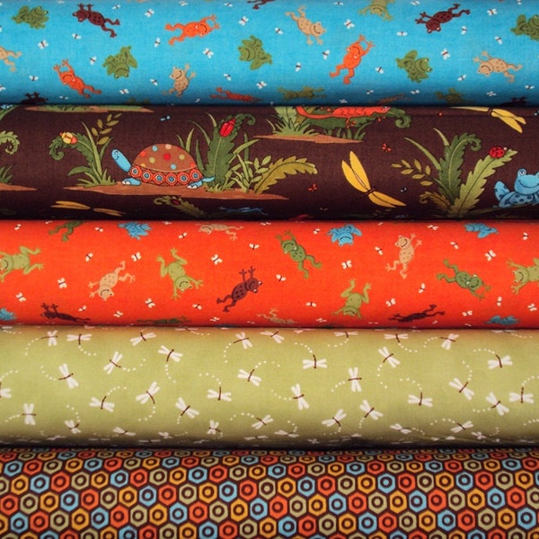 FROGS toads MEADOW FRIENDS 5 yd Moda modern quilt fabric woodland hexagons boys turtle dragonfly green orange brown aqua