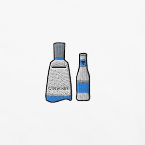May include: Embroidered design of a bottle of gin and a bottle of beer. The gin bottle is labelled "Gin Mare".