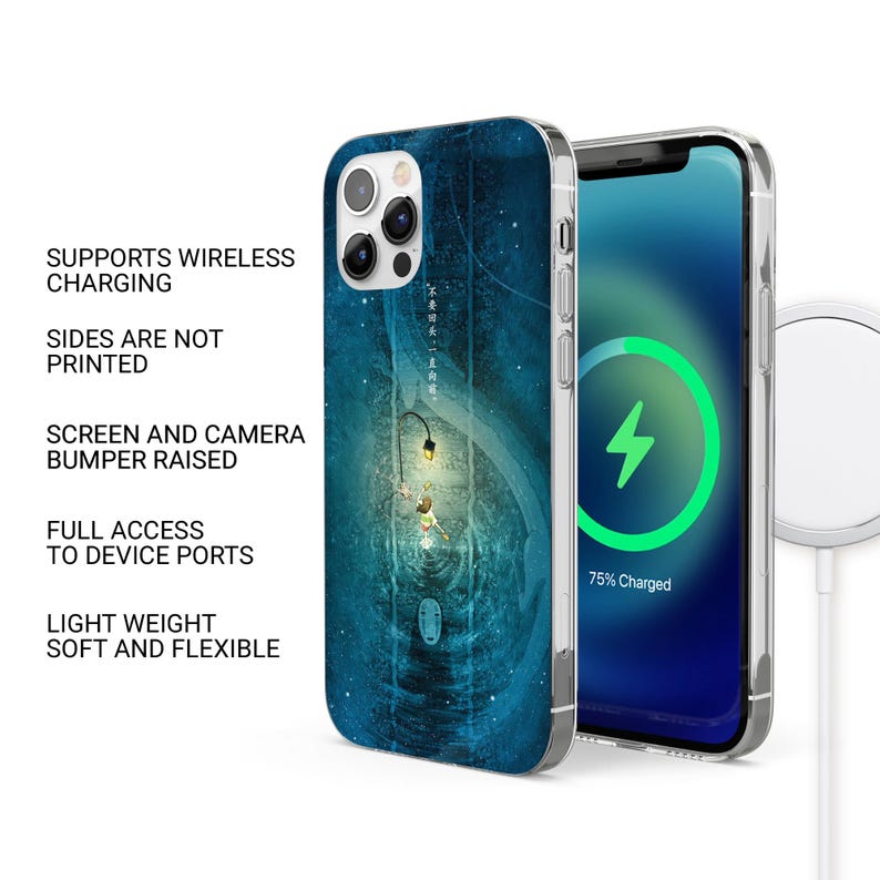 Puede incluir: Una funda de tel&eacute;fono con un dise&ntilde;o azul y verde azulado con una ilustraci&oacute;n caprichosa. La pantalla del tel&eacute;fono muestra un s&iacute;mbolo de carga. El texto en la funda dice: Admite carga inal&aacute;mbrica, Los lados no est&aacute;n impresos, Parachoques de pantalla y c&aacute;mara elevados.