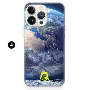 May include: A phone case featuring a person in a yellow jacket looking at Earth from the moon. The Earth is depicted with a view of the continents and city lights. The case has a clear border and a black number 4.