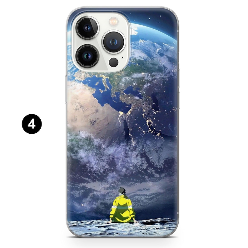May include: A phone case featuring a person in a yellow jacket looking at Earth from the moon. The Earth is depicted with a view of the continents and city lights. The case has a clear border and a black number 4.